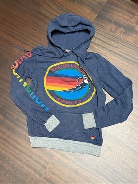Aviator Nation Navy Crewneck Hoodie with Multicolor Retro Ski Logo